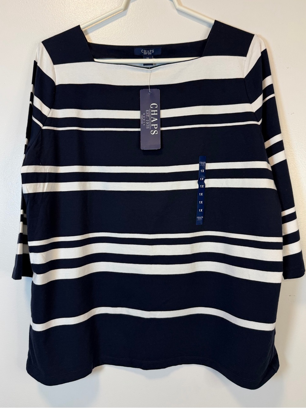 Chaps Navy and White Striped 3/4 Sleeves Boatneck Top Nautical Style Women’s 1X
